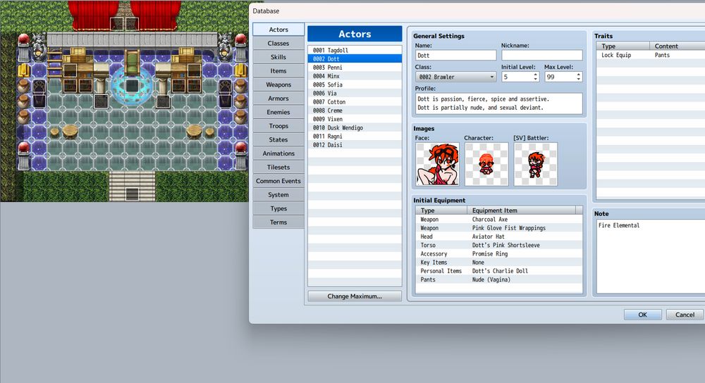 This displays to right, Dott (Actor) and their equipment, which characters have two weapons, has head, torso, accessory, key item, personal item and pants slots. To further enforce Dott autonomy and decision pants are locked with Nude (Vagina). While subject to change, Dott starts with Charcoal Axe, Pink Glove Fist Wrappings, Aviator Hat, Dott Pink Short-sleeves, Promise Ring, and personal item is Dott Charlie Doll which reflects her love for dolls which sensitive about

To the Left is the layout of the Sanctum/Sancturium, which acts as magical store of sorts, and hosts books with information about various topics. Alongside above being crypt scripture. When Gate Guardians stop enforcing and rigidly surveying the areas as time passage, not wanting to venture so far below and stationed those that handle in areas, they made the Abyss Hub into make-shift home.
