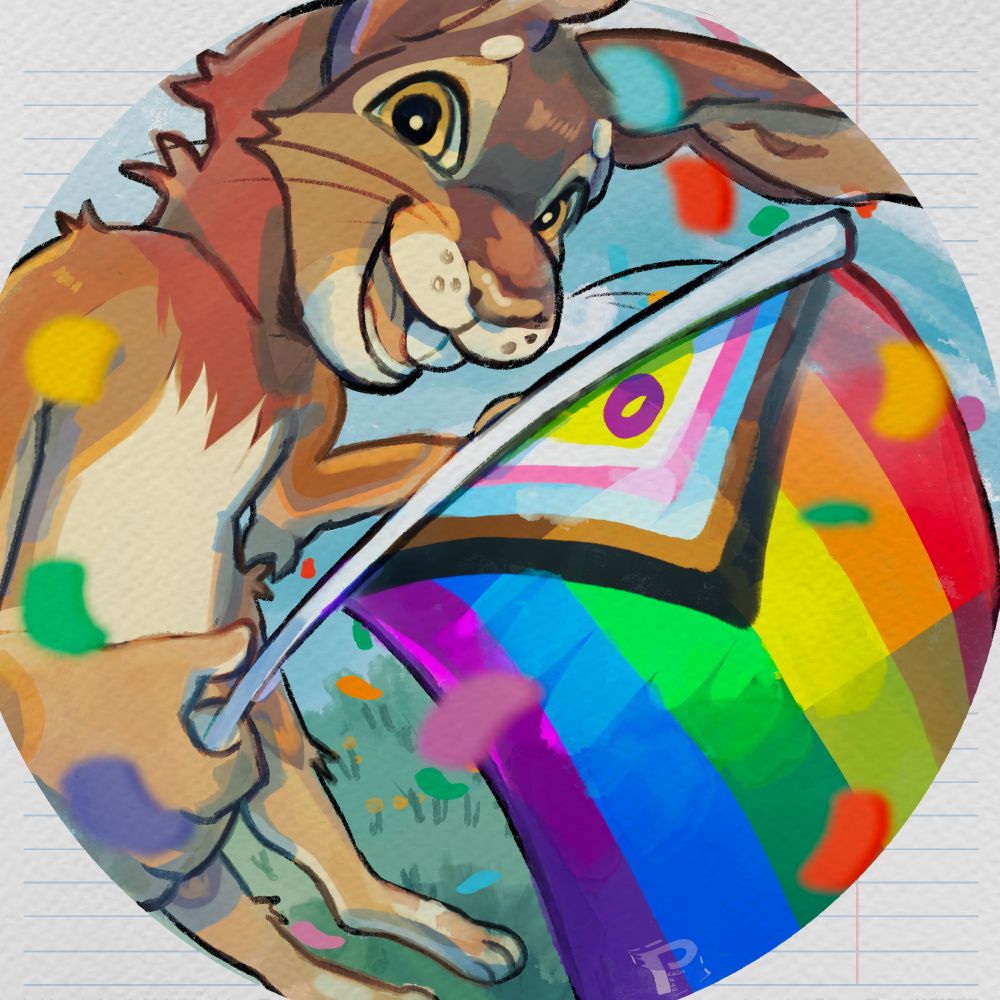 a smiling anthropomorphic desert cottontail holding a progress flag into a fisheye lens camera.