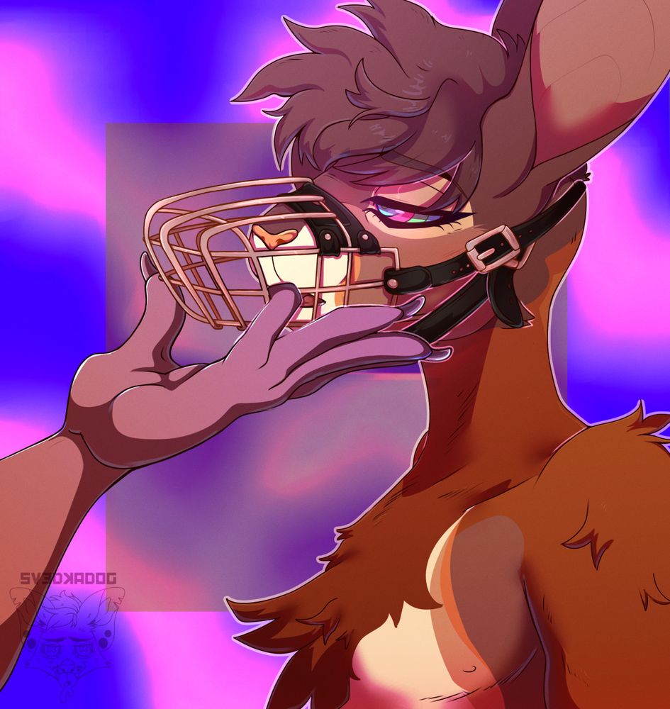 Torso up portrait of a hypnotized anthropomorphic desert cottontail with a large muzzle on their maw. A random, second person's paw gently graced the cottontail's muzzle.