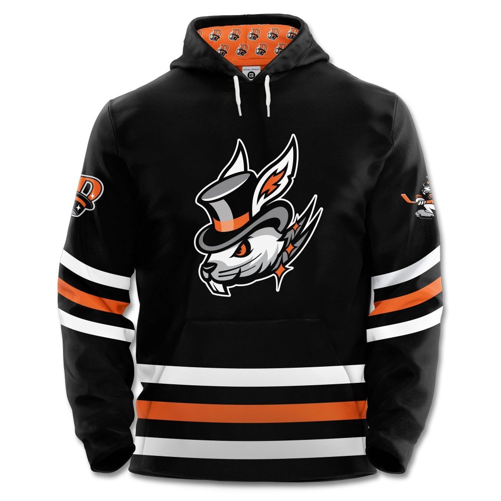 Black hoodie with the logo of the Danbury Hat Tricks. Picture is a white/grey rabbit with orange eyes wearing a black top hat with an orange stripe. Sweater also features stripes that goes white, black, orange, black white.