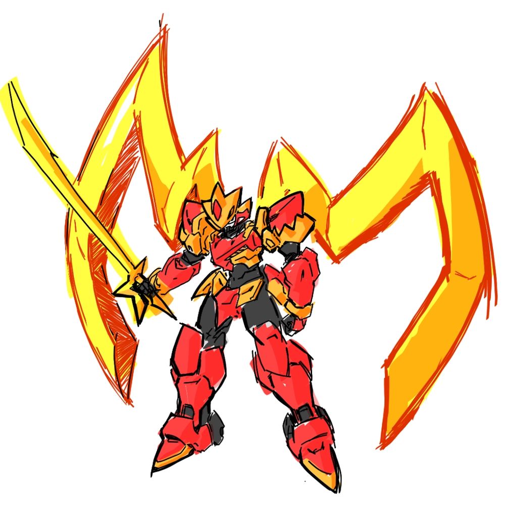 A robot with a star-shaped head wielding a sword that's vaguely star shaped, theres a pair of apendages on its back that vaguely resemble wings