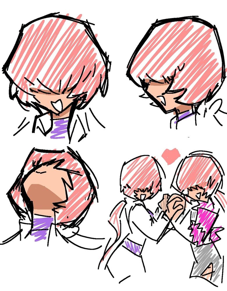 4 drawings of a red-haired woman whose hair completelly cover her eyes, 3 face different directions and the 4th is holding hands with herself using a different costume