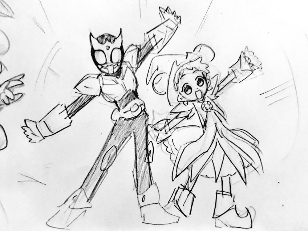 Kamen rider Kuuga and Doremi standing next to each other and striking a pose, this time the pose Doremi does after putting on her witch outfit