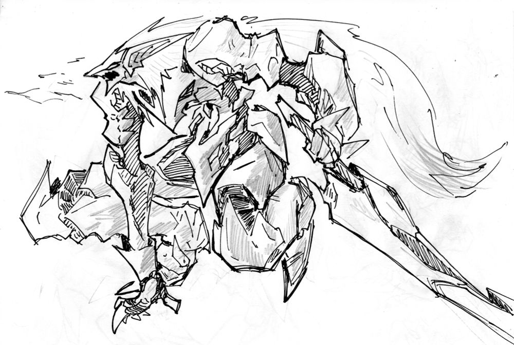 a armored humanoid in a really agressive crouched stance holding a sword backhanded, its long hair seems like a wolf mane