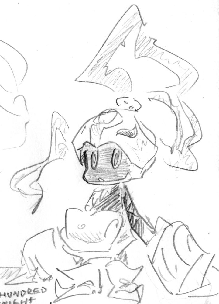 hundred knight, a small child-like creature wearing a helmet and large gauntlets