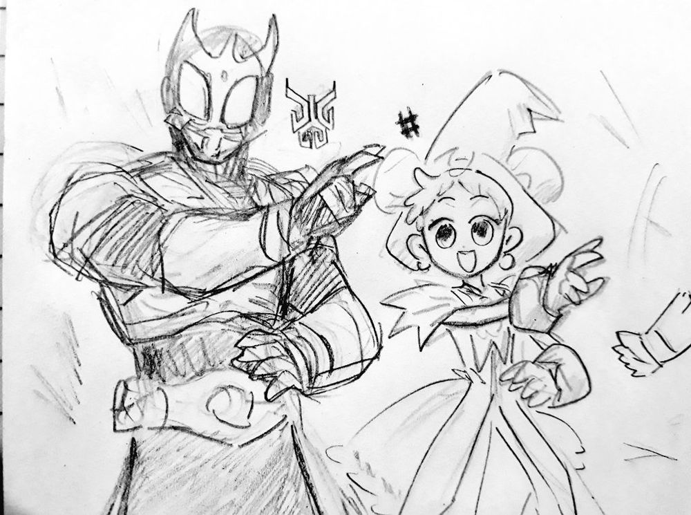 pencil sketch of the titular characters from kamen rider kuuga; a human wearing armor that vaguely resembles a beetle. and from Magical Doremi; a young girl wearing a Witch outfit. both are doing kuuga's iconic transformation pose