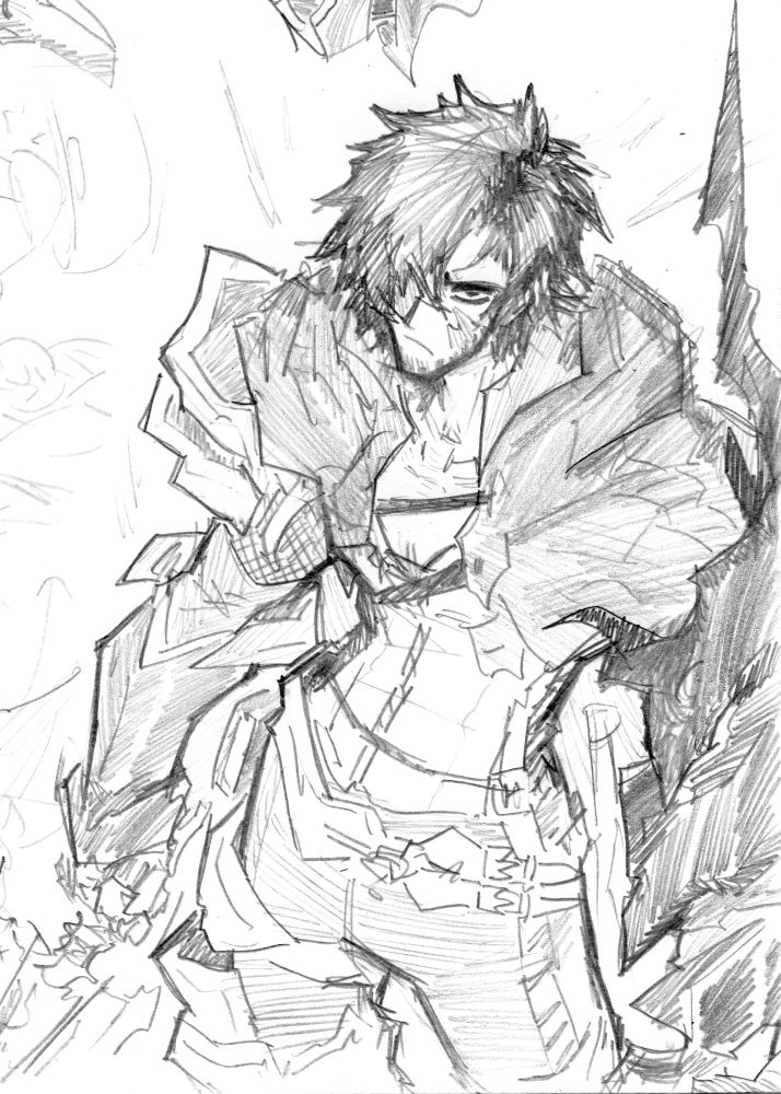 a large man seen from above, he has a scar on his face, armor on his legs and arms with a presumably monster-like arm where his left would be