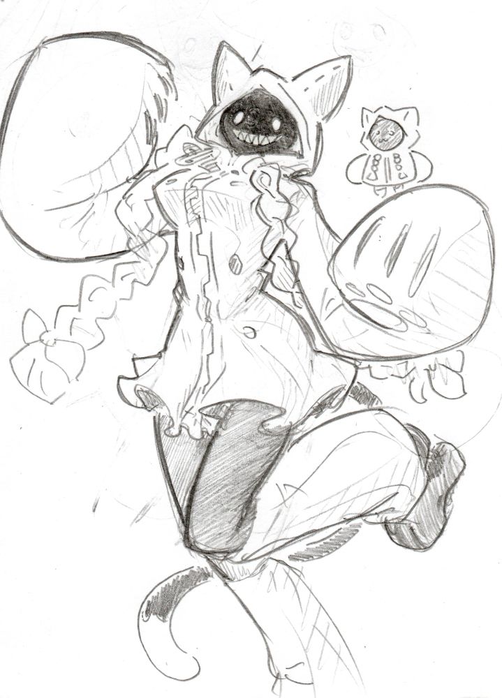 Taokaka from blazblue, a cat-like person? wearing a hoodie with massive sleeves with their braids flowing out of it