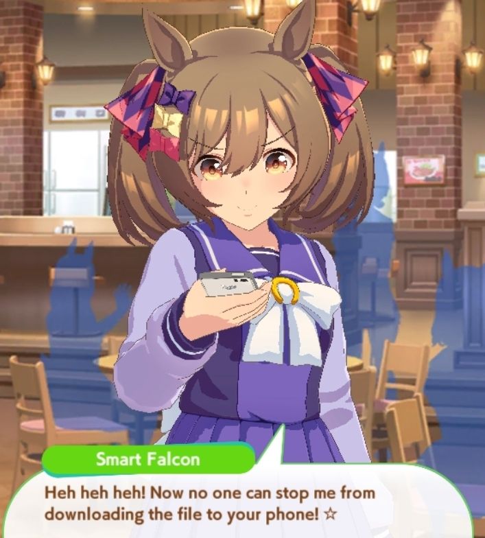 Smart falcon umamusume, saying "heh heh heh! Now no one can stop me from downloading the file to your phone! Star emoji"