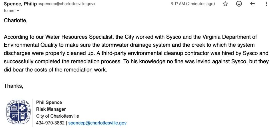 A letter from the Charlottesville Risk Manager confirms that the trucking company Sysco was made to pay for remediation of the stormwater drainage system and the creek polluted by their spilled diesel fuel.