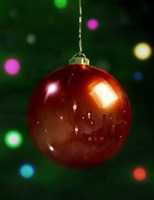 A glossy red glass bauble in which you can see reflected the skyline of London. A green tree covered in neathbow lights is in the background, in soft focus.