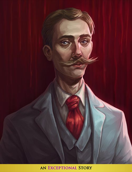 A painterly portrait of a young white man with a large sandy moustache and coolly melancholy eyes. He poses in a light suit with a red necktie, against a red velvet backdrop.