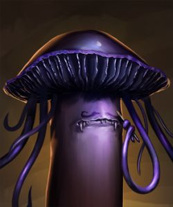 A deep purple mushroom with long tendrils snaking out from under its cap and a mouth with little pointy teeth. He's making a rakish expression but you get the impression from the pencil clutched in one tendril that he drew on his little curled moustache.