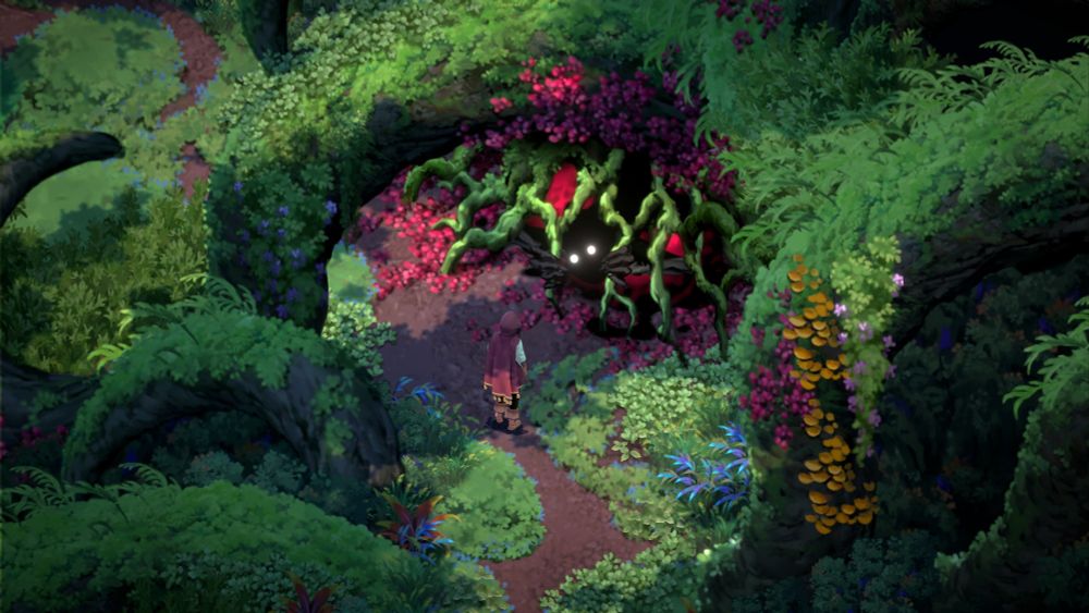 A lovely bit of woodland with a dark edge to it, trees twisting and roots curving improbably overhead. In a cage of roots and flowers, a pair of pupilless white eyes glows. Gnarled hands grasp the roots. A small figure stands stoic before the captive.