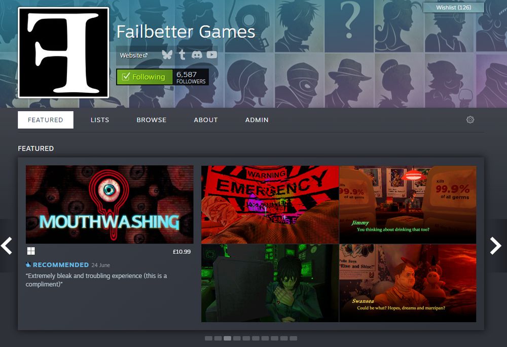A screengrab of our Steam creator page showing where we've recommended a game called Mouthwashing, calling it a bleak and troubling experience (this is a compliment).