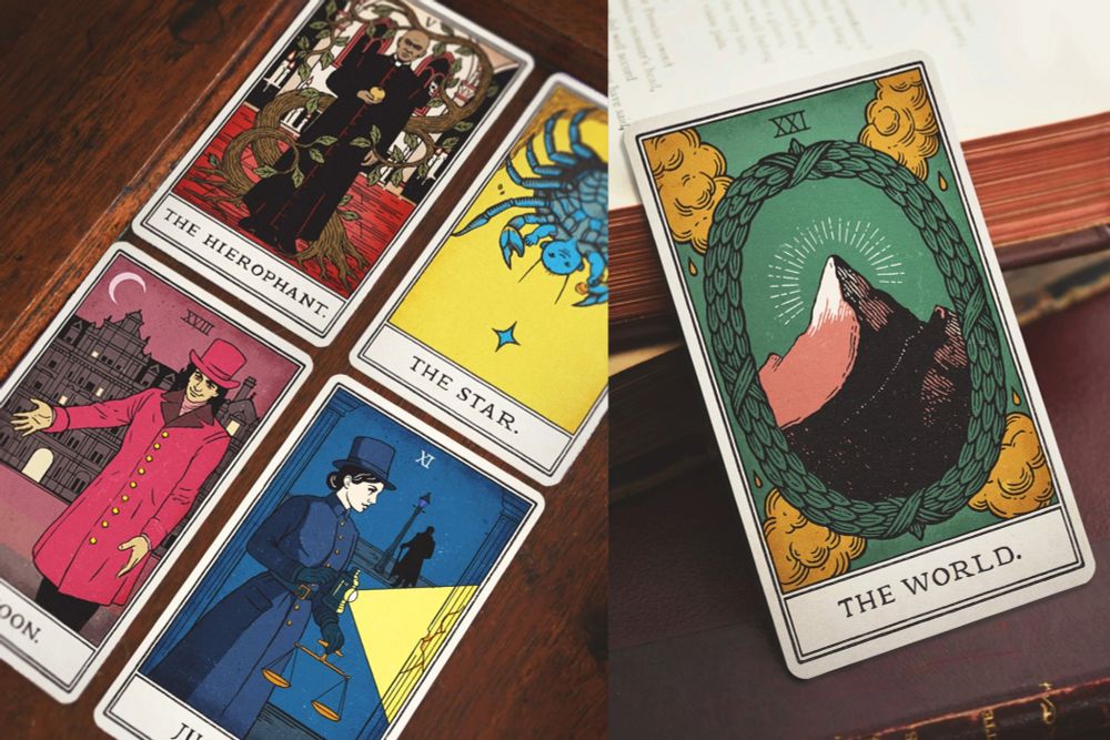 Five tarot cards, illustrated in the Ryder-Waite style: The Hierophant, The Star, The Moon, Justice and The World. Bold, vintage colours and black linework. The Hierophant is a priest, tangled in branches. The Star is a half crustacean, half baby. The Moon is a man in a brass-buttoned jacket, welcoming you to a hotel. Justice is a police constable, illuminating the crumbling pillars of justice. The World is a mountain.