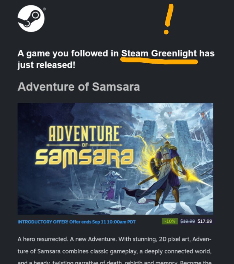"A game you followed in Steam Greenlight has just released! (Adventure of Samsara)