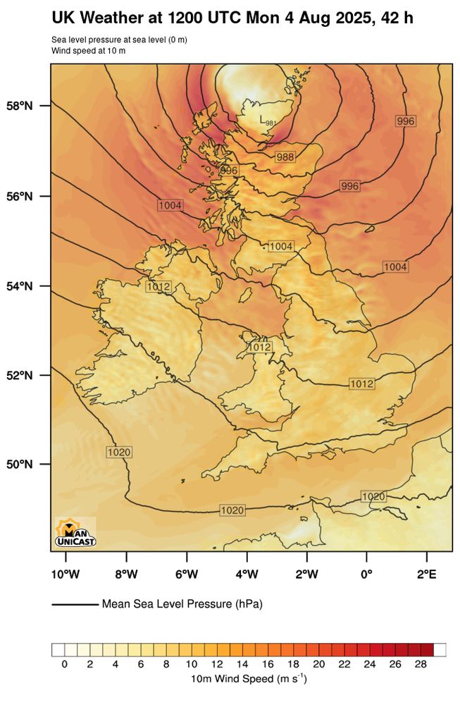 Map of UK and Ireland 10-m wind speed forecast at 1 p.m. Monday 4 August (1200 UTC) associated with #StormFloris showing strongest onshore winds (exceeding 15 meters per second) across northern Scotland with even stronger winds (exceeding 20 meters per second) over the waters around northern Scotland.