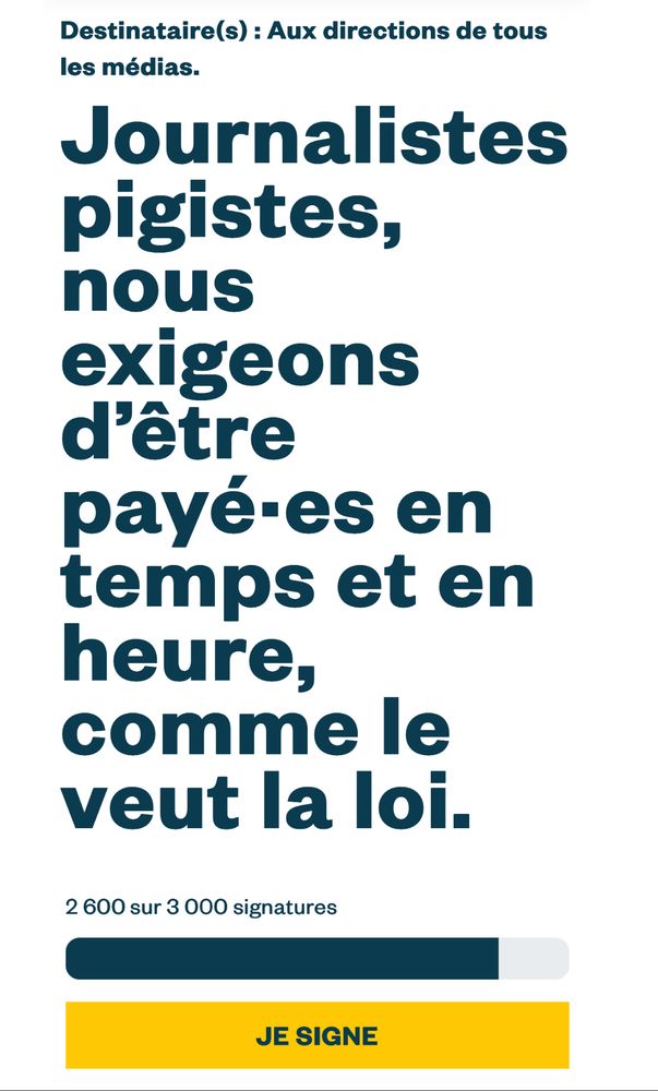 Capture d’écran du site de la pétition en ligne « journalistes pigistes nous exigeons d’être payés en temps et en heure comme le veut la loi » qui réunit à 9H40 plus de 2600 signatures 