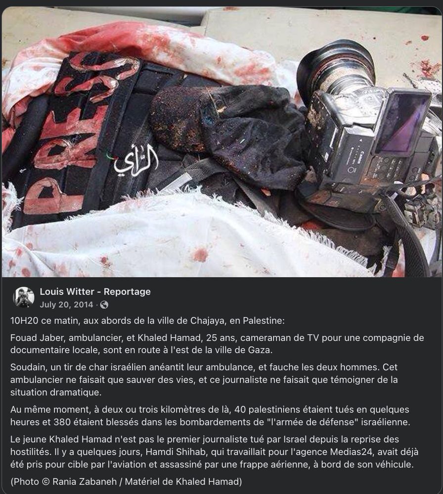 10H20 ce matin, aux abords de la ville de Chajaya, en Palestine:
Fouad Jaber, ambulancier, et Khaled Hamad, 25 ans, cameraman de TV pour une compagnie de documentaire locale, sont en route à l'est de la ville de Gaza.
Soudain, un tir de char israélien anéantit leur ambulance, et fauche les deux hommes. Cet ambulancier ne faisait que sauver des vies, et ce journaliste ne faisait que témoigner de la situation dramatique. 
Au même moment, à deux ou trois kilomètres de là, 40 palestiniens étaient tués en quelques heures et 380 étaient blessés dans les bombardements de "l'armée de défense" israélienne.
Le jeune Khaled Hamad n'est pas le premier journaliste tué par Israel depuis la reprise des hostilités. Il y a quelques jours, Hamdi Shihab, qui travaillait pour l'agence Medias24, avait déjà été pris pour cible par l'aviation et assassiné par une frappe aérienne, à bord de son véhicule.
(Photo © Rania Zabaneh / Matériel de Khaled Hamad)