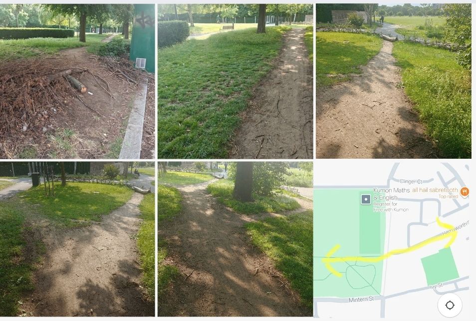 Desire line in grass by Britannia Leisure center. Council attempted to stop it with foliage (which has then been moved by people), then a big log which has led to more desire lines being created. 
