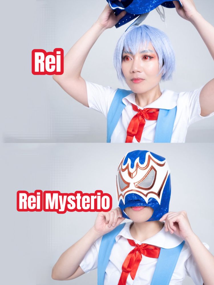 Kirinheart’s cosplay parody of the fanart/meme by @alpharecdyt on Twitter of Rei Ayanami from Neon Genesis Evangelion putting on Rey Mysterio’s mask. The first panel is captioned “Rei” and has Kirinheart cosplaying Rei Ayanami in her school uniform with her arms above her head holding a Lucia libre mask. The second panel is captioned “Rei Mysterio” and has Kirinheart with the mask on.