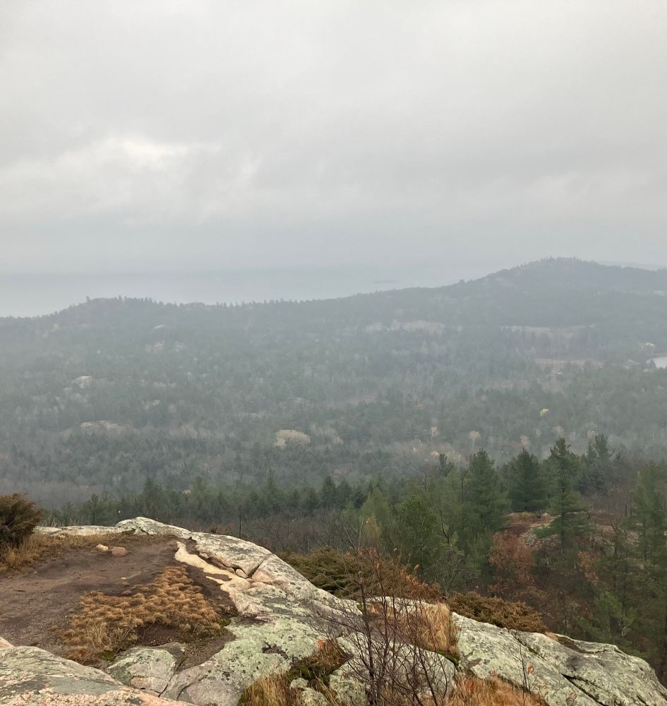 A cloudy view of Lake Superior from a nearby peak
