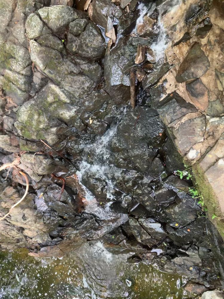 A waterfall viewed from above. The falls break through the side of an old rock dam wall 