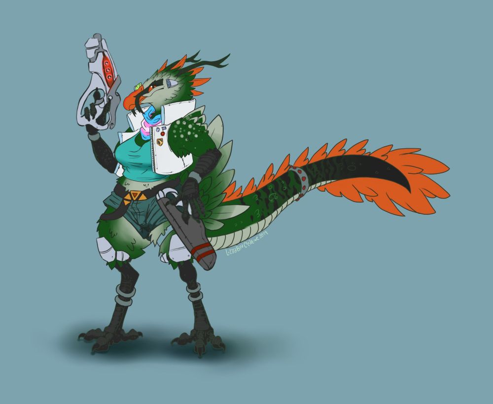 a green anthropomorphic Lammergeier with a long lizard tail. She has orange accent feathers and is wearing shorts, a blue shirt and white jacket. She is holding a gun, pointing upwards, and watching the viewer intently. Her free hand hovers over another sci-fi gun on her holster.
