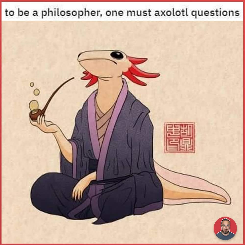To be a philosopher, one must axolotl questions.
*image of an axolotl dressed in a kimono with a bubble pipe looking to be lost in thought*