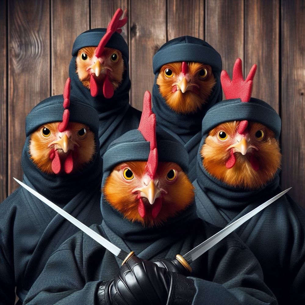 KI erstelltes Bild, mehrere Hühner in Samurai Outfits.