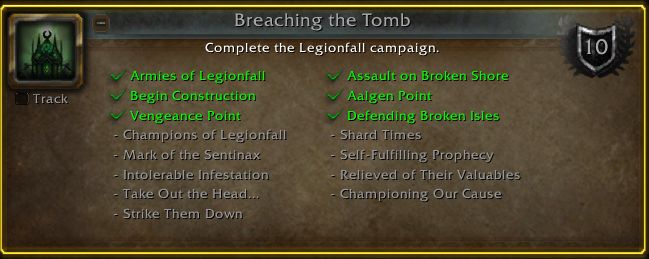 Track Breaching the Tomb 10
Complete the Legionfall campaign.

✔️ Armies of Legionfall    ✔️ Assault on Broken Shore
✔️ Begin Construction    ✔️ Aalgen Point
✔️ Vengeance Point    ✔️ Defending Broken Isles
- Champions of Legionfall    - Shard Times
- Mark of the Sentinax    - Self-Fulfilling Prophecy
- Intolerable Infestation    - Relieved of Their Valuables
- Take Out the Head...    - Championing Our Cause
- Strike Them Down