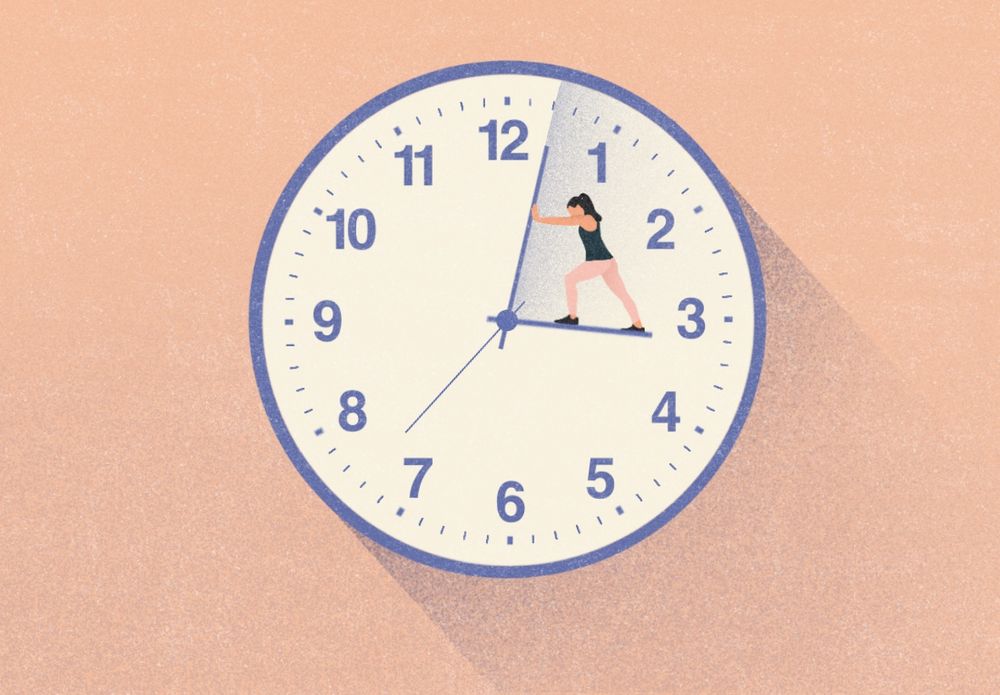 A picture of a clock, with a woman standing on the arms of the clock trying to push time back