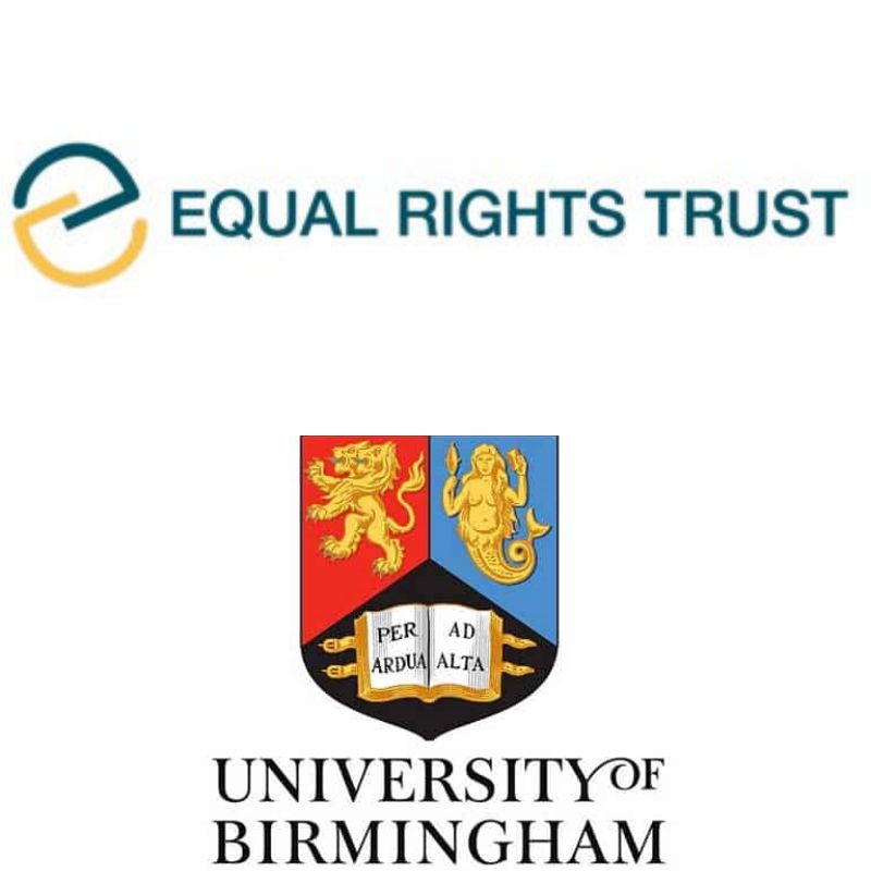 A picture of the Equal Rights Trust Logo (two interlocking 'e' s and the UoB logo (a shield with a lion, a mermaid and a old book with Latin)