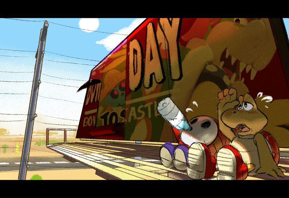 Countdown Image #2
A red Koopa Troopa and a Shy Guy taking a break from billboard replacement. They are in a middle of a desert road, the billboard barely covering them in shade as they sweat and take water from the heat

Illustration by Tony Tamales