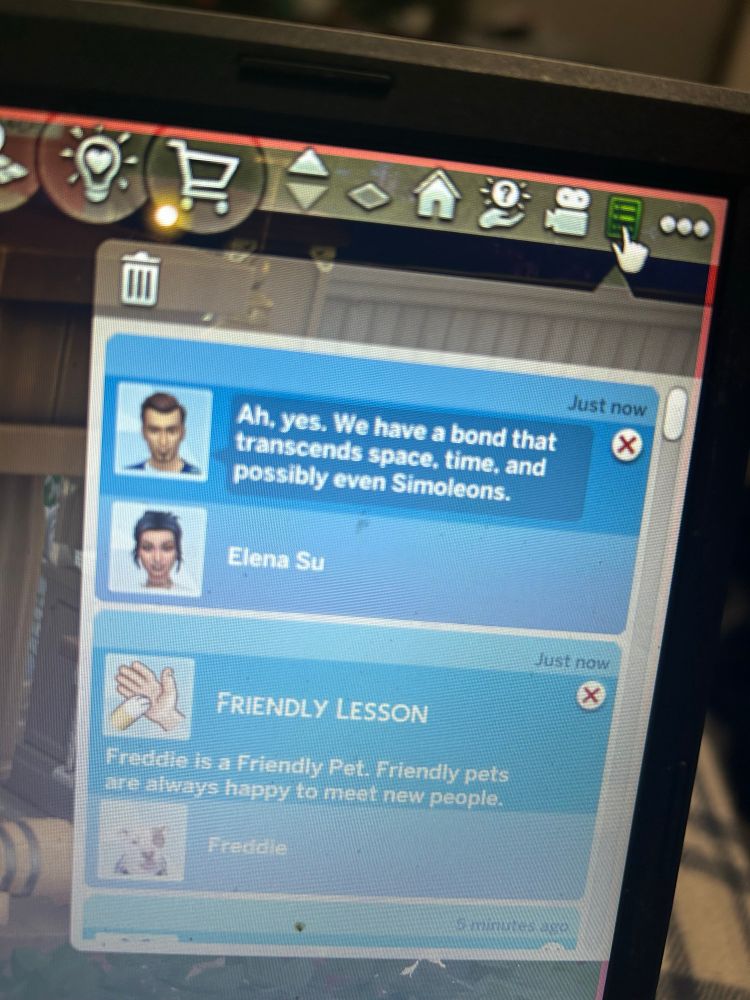 sim notification bubble: "Ah, yes. We have a bond that transcends space, time, and possibly even Simoleons." 