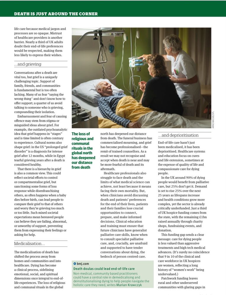 Pic of man in bed in hospital.

Sample of text:

In the UK around 90% of dying people would benefit from palliative care, but 25% don't get it. Demand is set to rise 25% over the next 25 years as lifespans increase and health conditions grow more complex, yet the sector is already critically underfunded. Just a third of UK hospice funding comes from the state, with the remaining £1bn raised annually through charity shops, fundraising events, and donation.
This funding gap sends a clear message: care for dying people is less valued than aggressive treatments and high tech medical advances. (It's surely no coincidence that 9 in 10 of the clinical and care workforce in UK hospices are women, reflecting a long history of "women's work" being undervalued.)