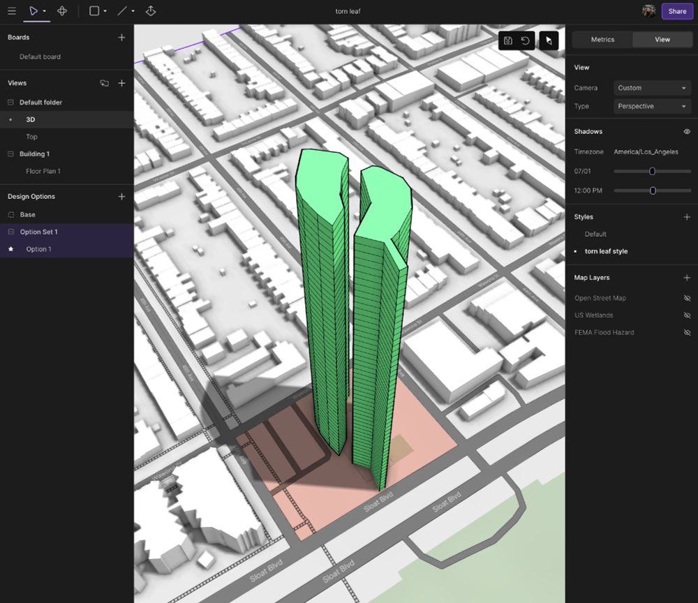 A screenshot of a building modeled in Arcol in the shape of the torn leaf