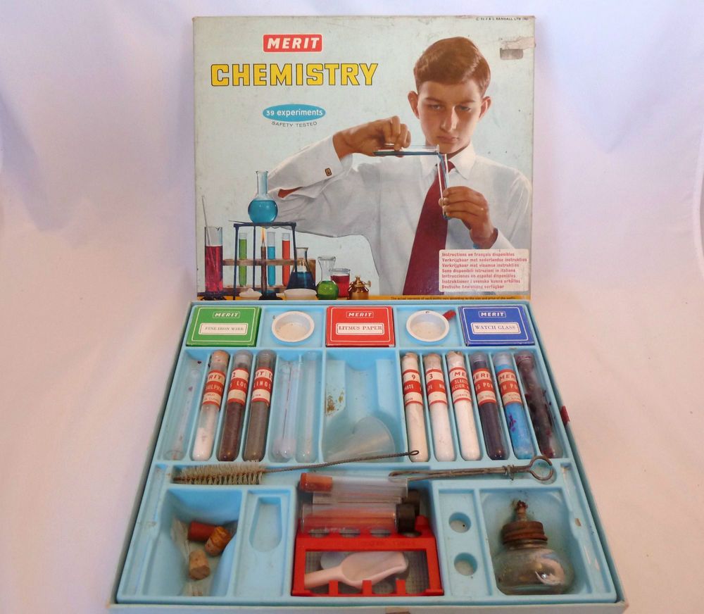 MERIT chemistry set starter pack for kids in the 1970s. Dangerous.