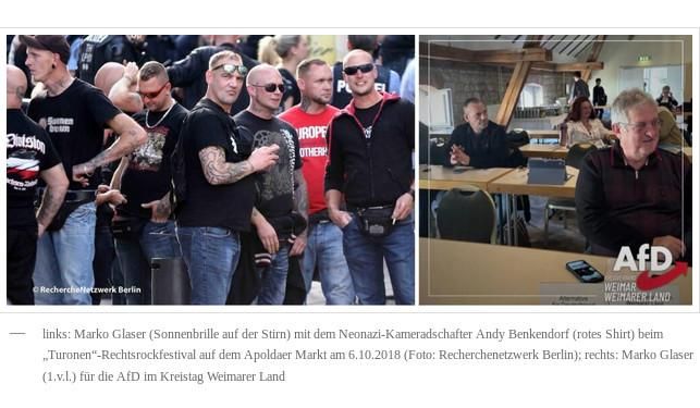 Zusammenstellung von zwei Fotos. Links ist Marko Glaser gemeinsam mit anderen Neonazis beim Rechtsrock-Festival „Rock gegen Überfremdung III“ in Apolda zu sehen. Rechts ist ein Foto, dass ihn zusammen mit einem weiteren AfDler an einem Tisch sitzend im Kreistag zeigt. Bildunterschrift: „links: Marko Glaser (Sonnenbrille auf der Stirn) mit dem Neonazi-Kameradschafter Andy Benkendorf (rotes Shirt) beim „Turonen“-Rechtsrockfestival auf dem Apoldaer Markt am 6.10.2018 (Foto: Recherchenetzwerk Berlin); rechts: Marko Glaser (1.v.l.) für die AfD im Kreistag Weimarer Land“