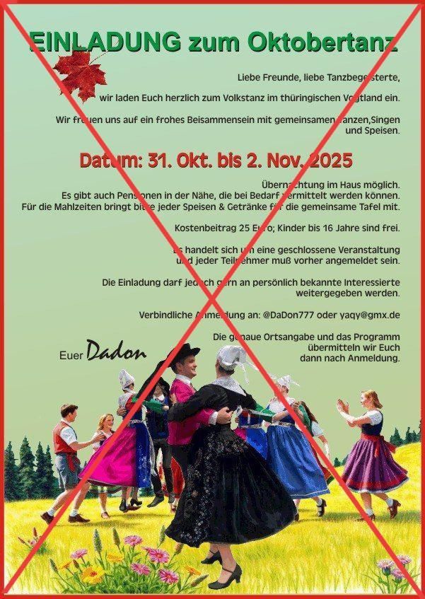Ein Sharepic mit grünem Hintergrund, welches von roten Linien durchkreuzt wird. Auf dem Bild wird ein völkisches Tanzwochenende vom 31. Oktober bis zum 2.November angekündigt. Unten sind tanzende Menschen in altmodischer Kleidung abgebildet.