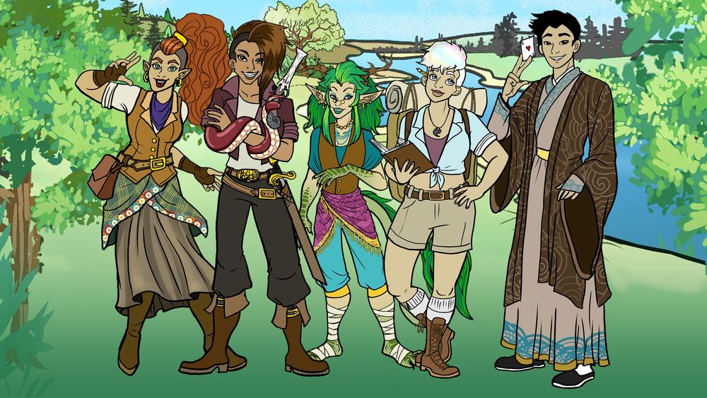Character art of a red haired lady with shadow tattoos, a pirate captain with a tentacle arm, a small dragon person, an explorer with prismatic white hair, and a tall gambler in a brown robe