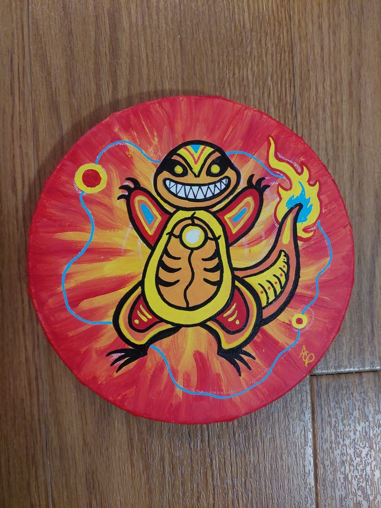 A stylized charmander in the Cree art style, standing with arms up on a fiery background. He's surrounded by sparks of light connected by a blue line
