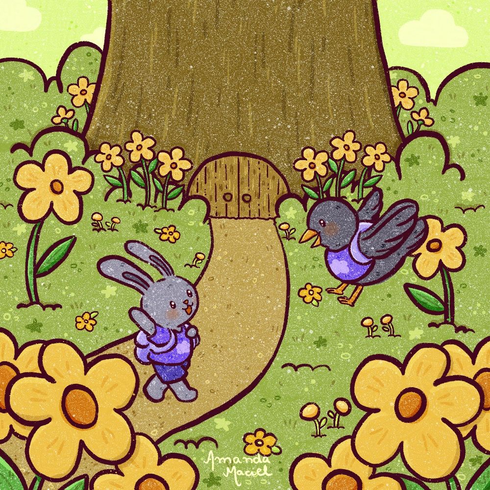 Ilustração no estilo infantil. Um coelho e um pássaro se encontram em um jardim com flores amarelas. Os dois usam camisetas em tons de roxo e carregam mochilas também em tons de roxo. O coelho está com o braço levantado, cumprimentando o pássaro, que está pousando. Ao fundo, em meio a arbustos floridos, está uma árvore com uma grande porta, que no momento está fechada.