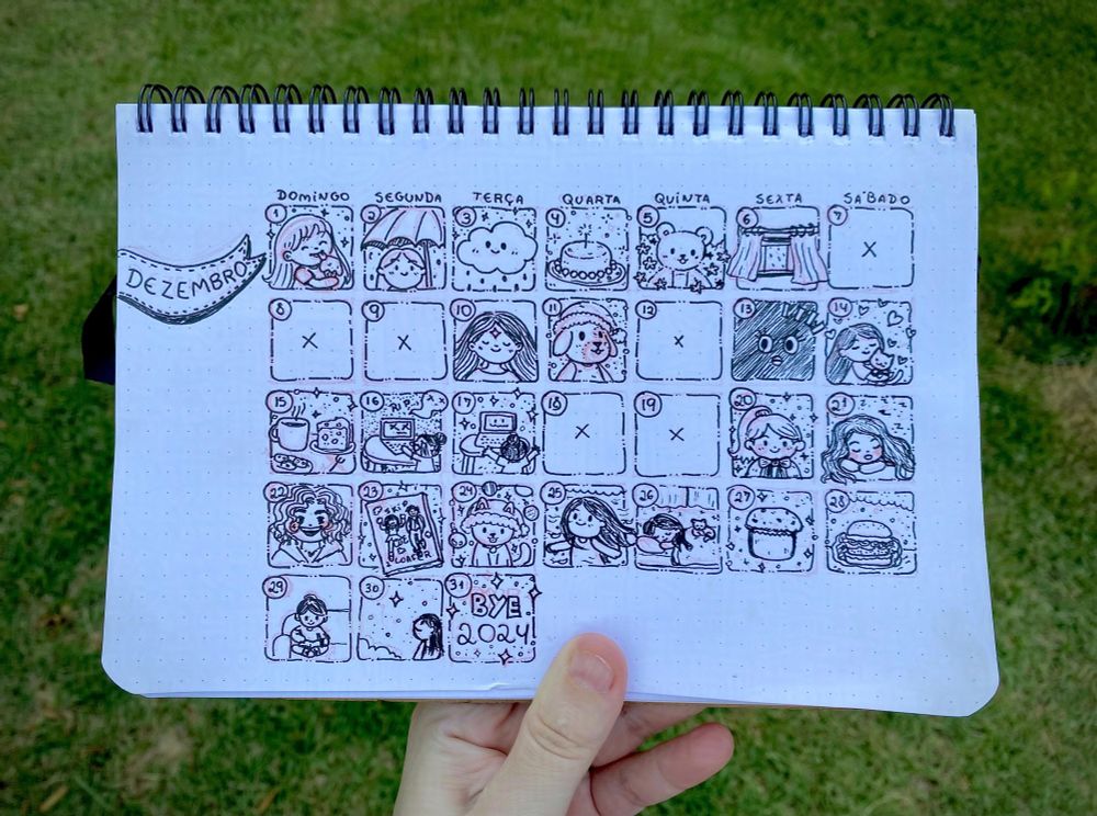 Photo of little daily drawings that I did in my sketchbook with a red pencil and black ink