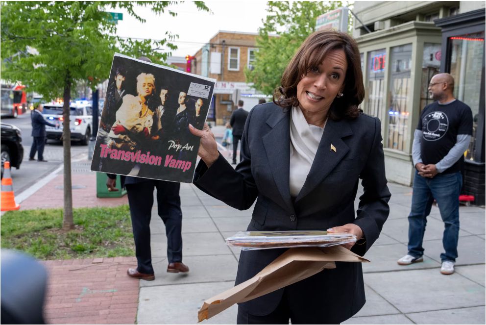 Kamala Harris "holding" Pop Art by Transvision Vamp. Image generated using https://kamala-holding-vinyls.glitch.me/