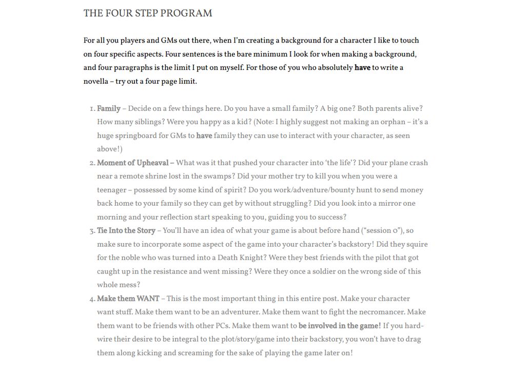 A "Four Step" list for character creation. The four steps are: Explain the family situation, What moment pushed them into adventuring, How and why are they involved in the story of the campaign, and what does the character want right now/immediately. 