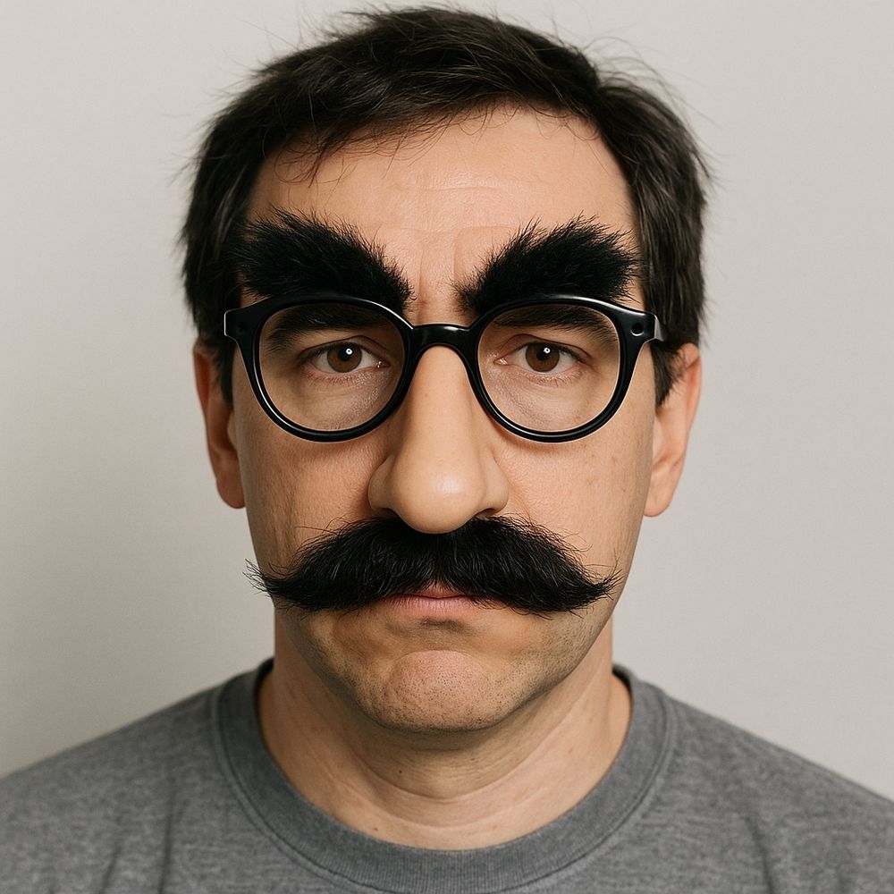 Image of someone wearing the Groucho Marx disguise. 