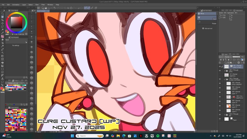 A screenshot showcasing a close-up WIP illustration of Cure Custard from Kirakira Pretty Cure a la Mode, looking at the viewer with a wide smile on CLIP STUDIO PAINT PRO.