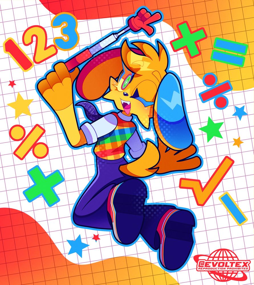 A finished illustration of my OC, Professor Rubik. He winking at the viewer with a wide smile, while holding his teaching hand pointer stick. He has numbers, math symbols, and stars surrounding him. The background has grid patterns and wavy gradient red and yellow parts on bottom left and upper right corners. The finishing effects are color flitters, chromatic aberration, and noise texture.